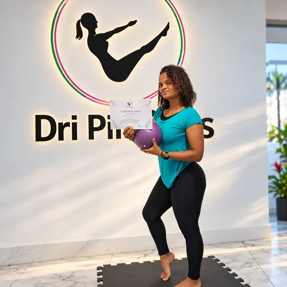 Patrícia com o certificado de Pilates Solo em mãos e uma bola lilás