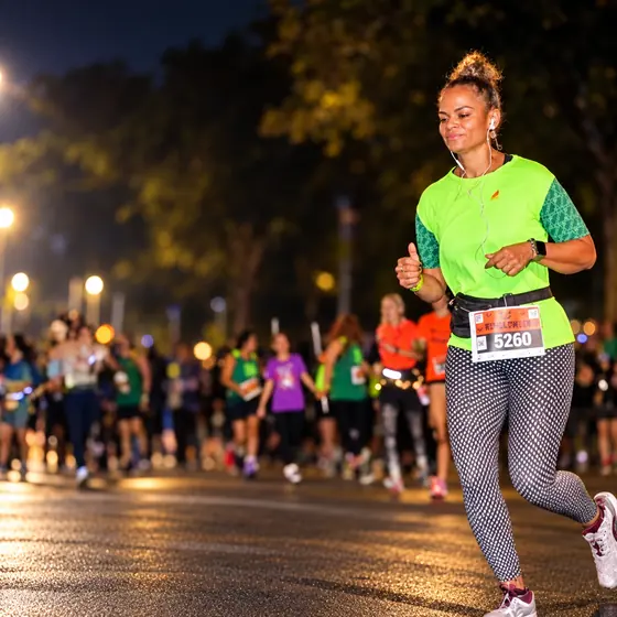 Patrícia de camiseta verde neon correndo à noite, com o pelotão iluminado ao fundo