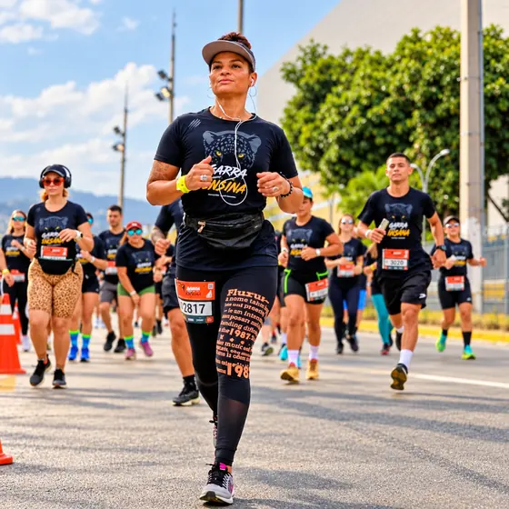 Patrícia sorrindo à frente de um pelotão de corredores de camiseta preta
